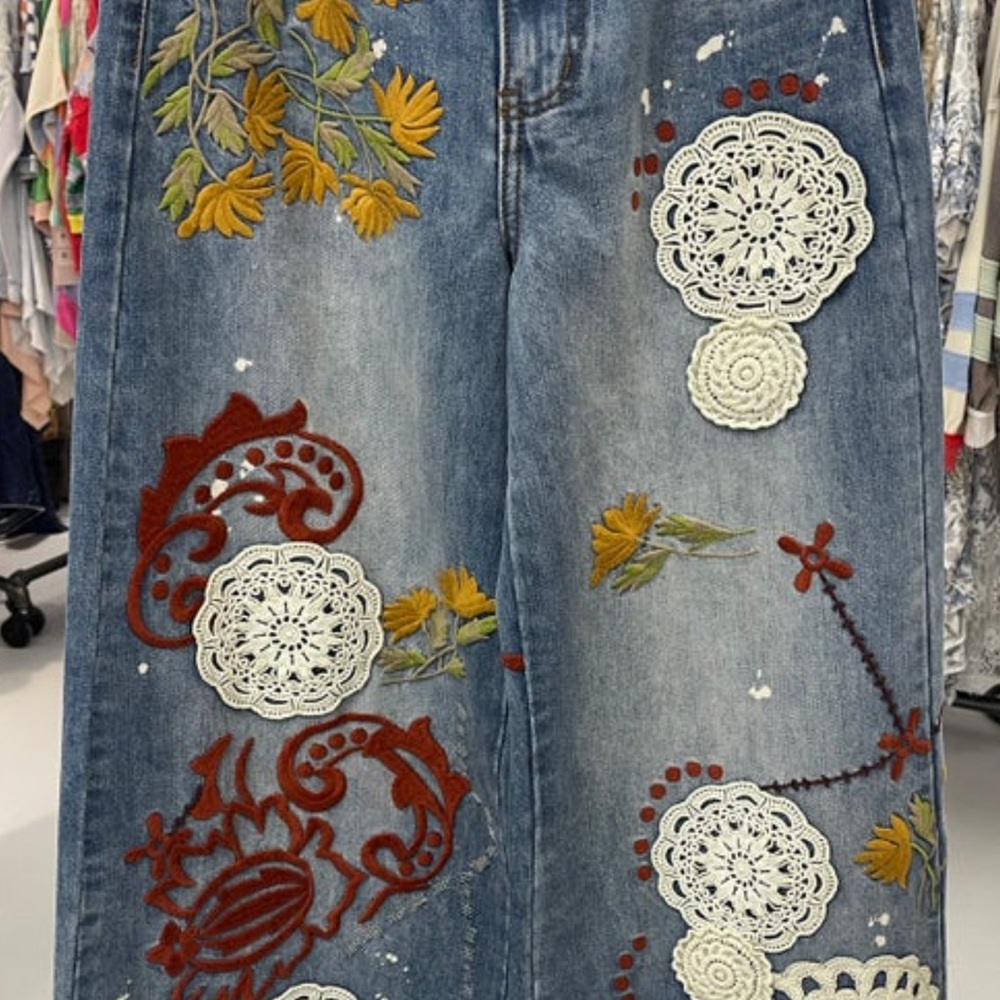 Oli & Hali Blue Floral Embroidered Wide-Leg Jeans